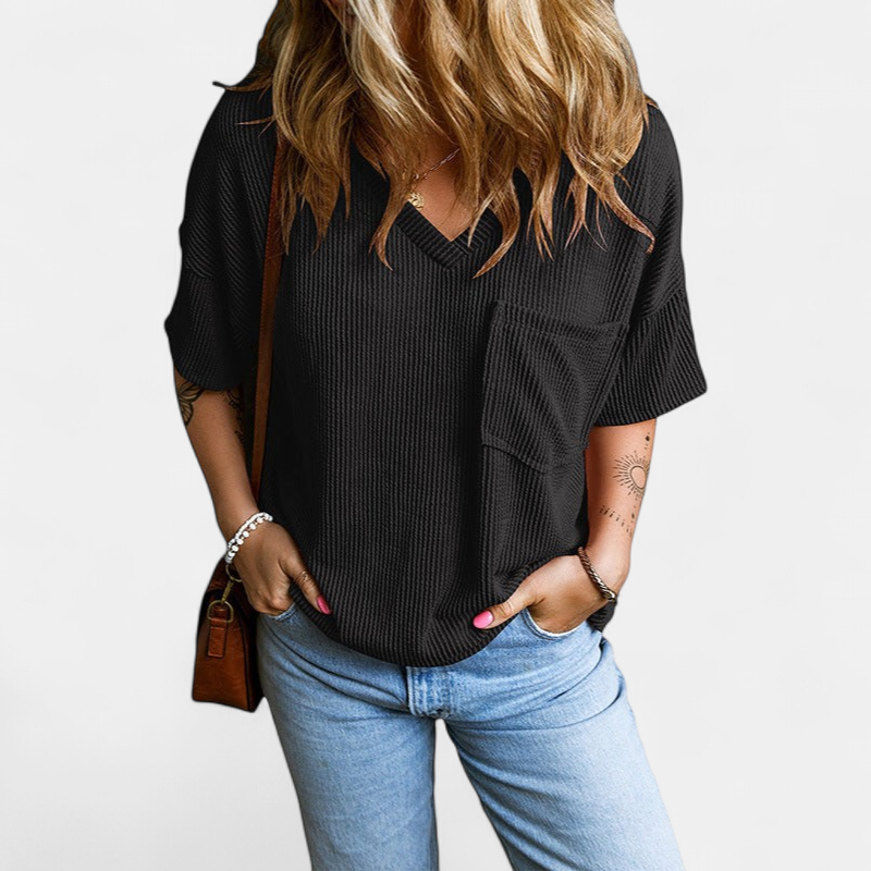 JANELLE | Casual Textured Pocket V-Neck Tee