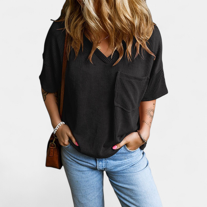 JANELLE | Casual Textured Pocket V-Neck Tee