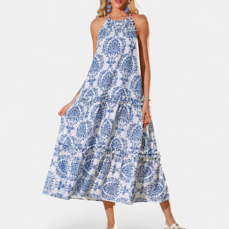 Women's Boho Halter Maxi Dress, Tiered Sleeveless Printed