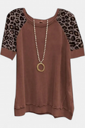 Women's Leopard Print Top, Raglan Half Sleeves Curved Hi Low Hem
