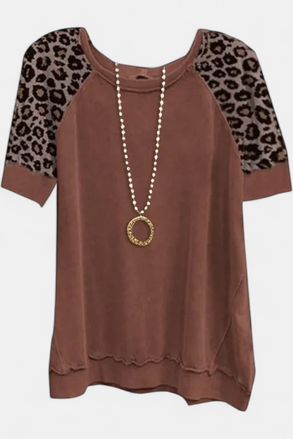 Women's Leopard Print Top, Raglan Half Sleeves Curved Hi Low Hem