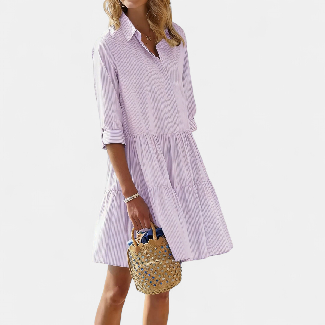 Women's Striped Tiered Mini Dress, Collared Half Button Placket