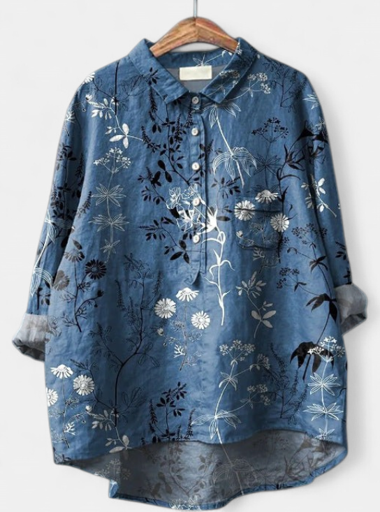 Women's Collared Oversized Linen Shirt, Floral Print Patch Pocket