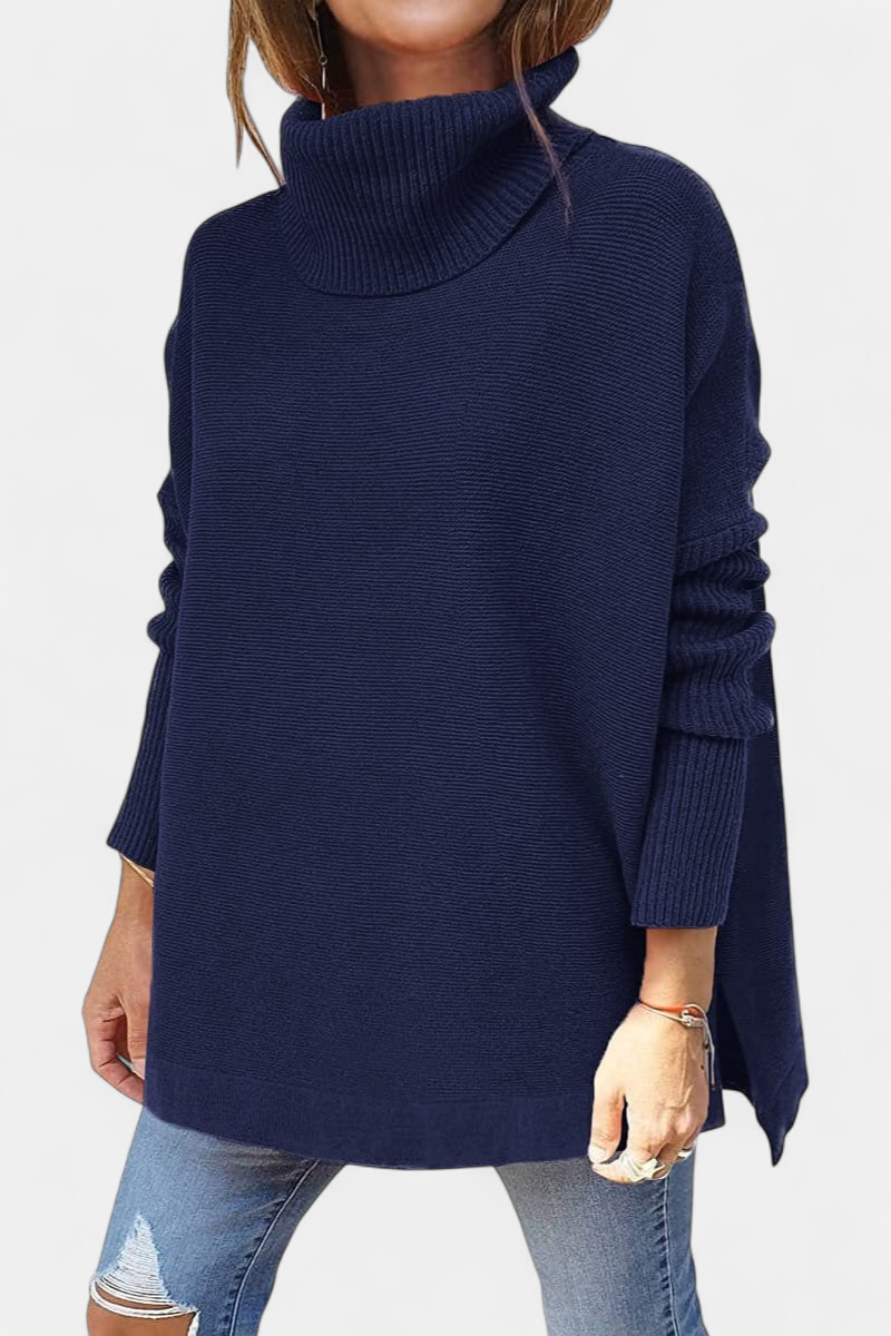 Women's Knit Turtleneck Sweater, Oversized Batwing Split Hem