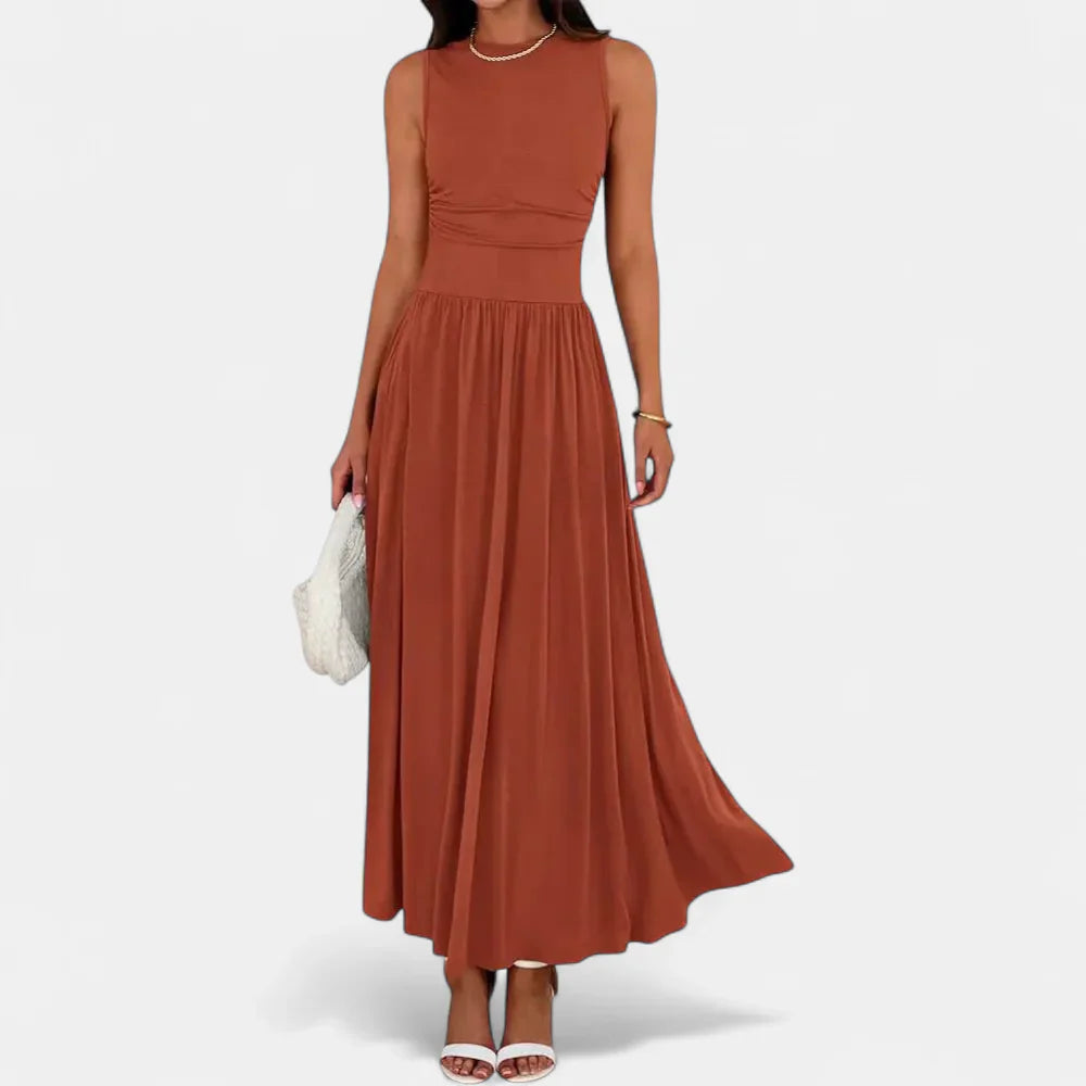 Women's Sleeveless Ruched Maxi Dress, Crew Neck Full Gathered Skirt