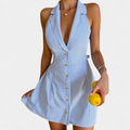 Women's Backless Halter Mini Dress, Striped Collar Button Front