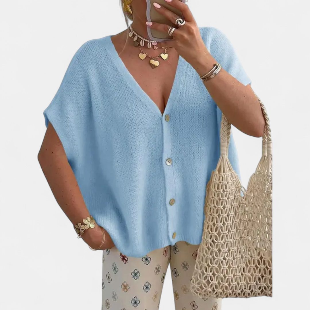 Women's Short Sleeve Knit Cardigan Sweater, V Neck Relaxed Fit