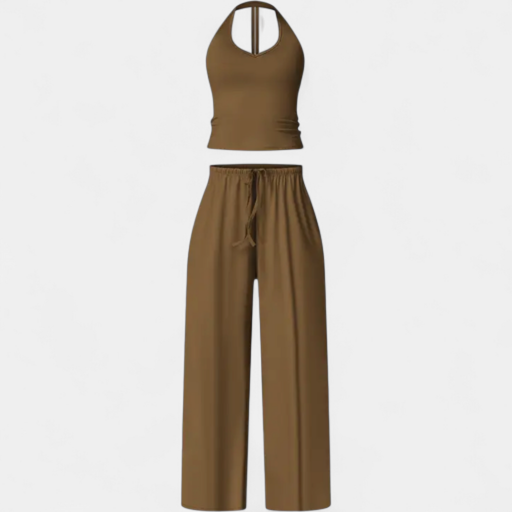 Women's Matching Set, Halter Neck Fitted Crop Wide Leg Drawstring