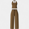 Women's Matching Set, Halter Neck Fitted Crop Wide Leg Drawstring