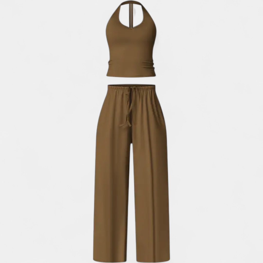 Women's Matching Set, Halter Neck Fitted Crop Wide Leg Drawstring