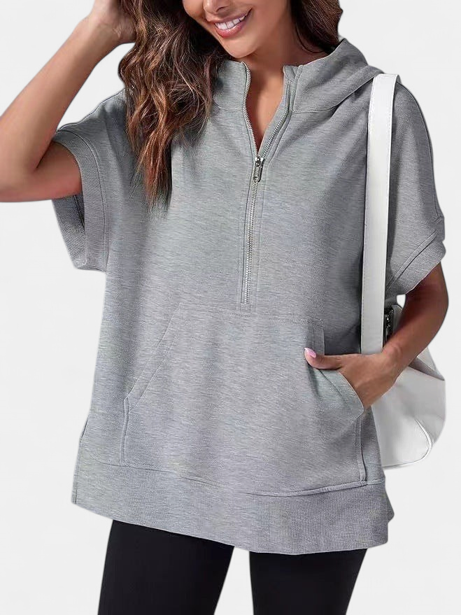 Women's Half Zip Short Sleeve Oversized Hoodie, Kangaroo Pocket