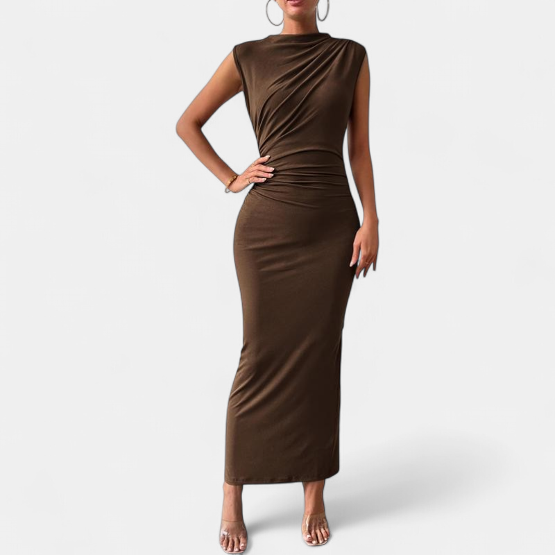 Women's Ruched Bodycon Maxi Dress, Sleeveless Mock Neck Column