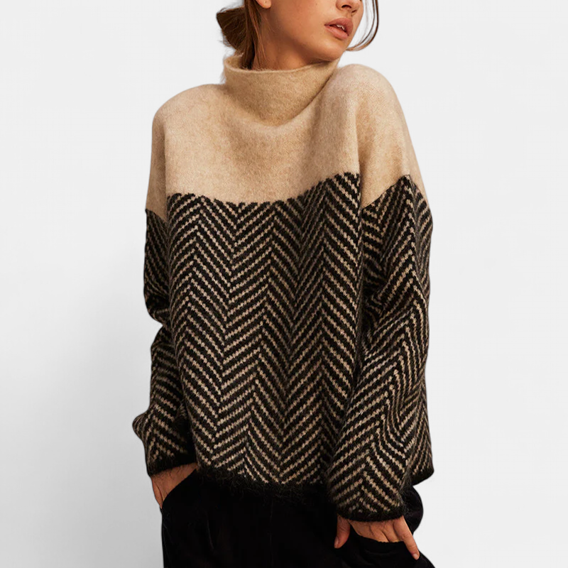 Women's Oversized Turtleneck Sweater, Two Tone Herringbone Knit