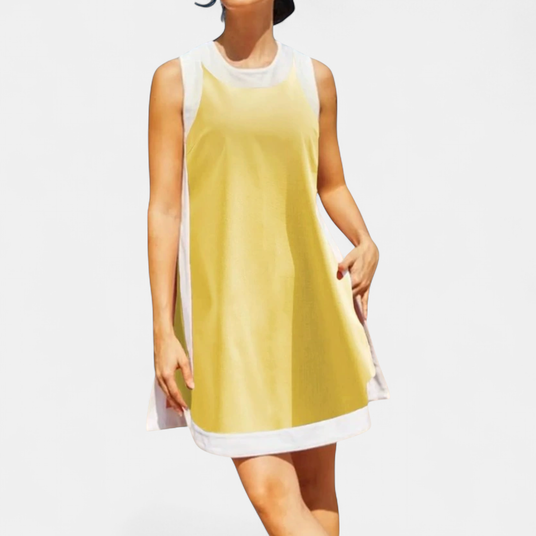 Women's Shift A Line Mini Dress, Sleeveless Color Block Pockets