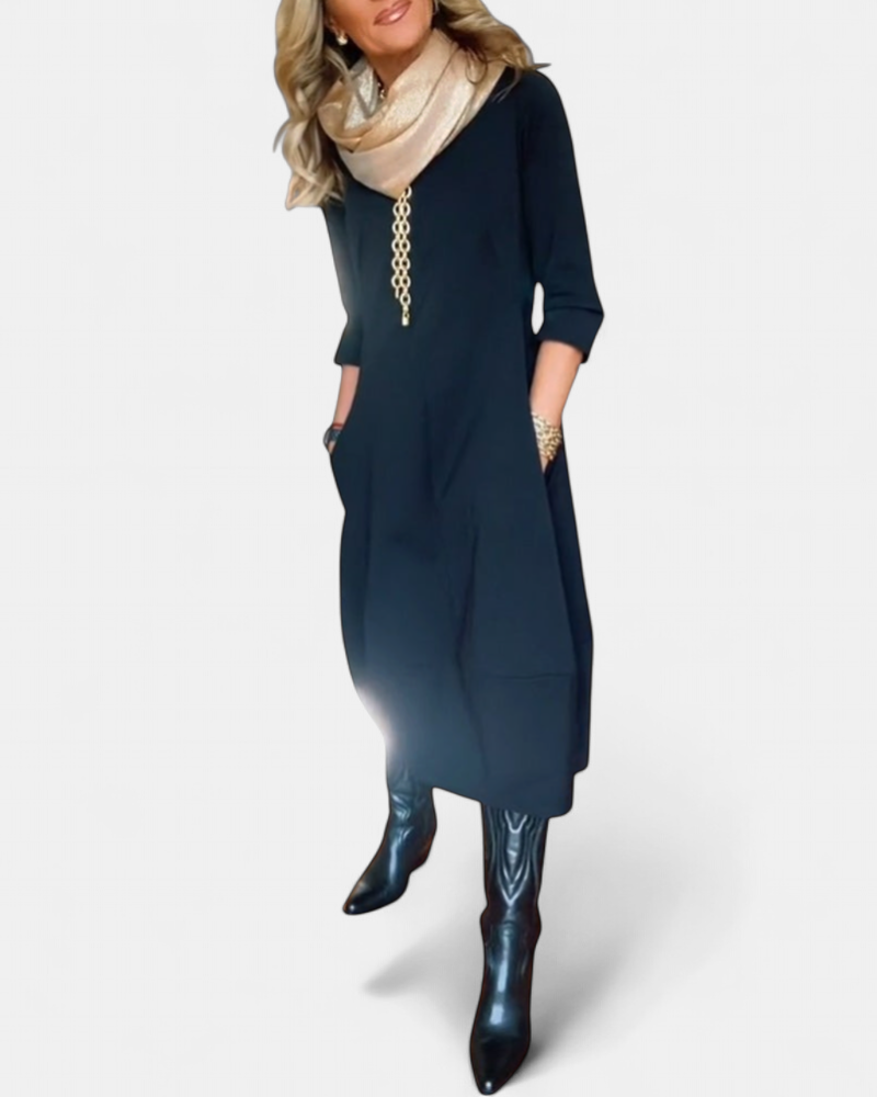 Women's Knit Midi Dress, Crew Neck Three Quarter Sleeves Pockets