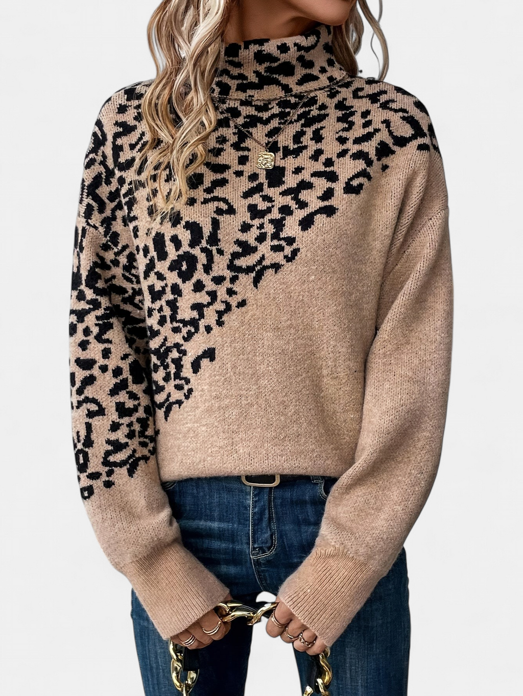 Women's Leopard Print Mock Neck Sweater, Drop Shoulder Relaxed