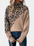 Women's Leopard Print Mock Neck Sweater, Drop Shoulder Relaxed
