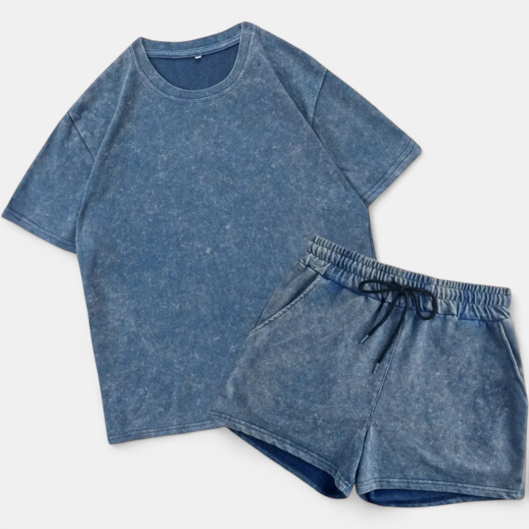 Women's Knit Matching Set, Acid Wash Short Sleeve Drawstring Waist