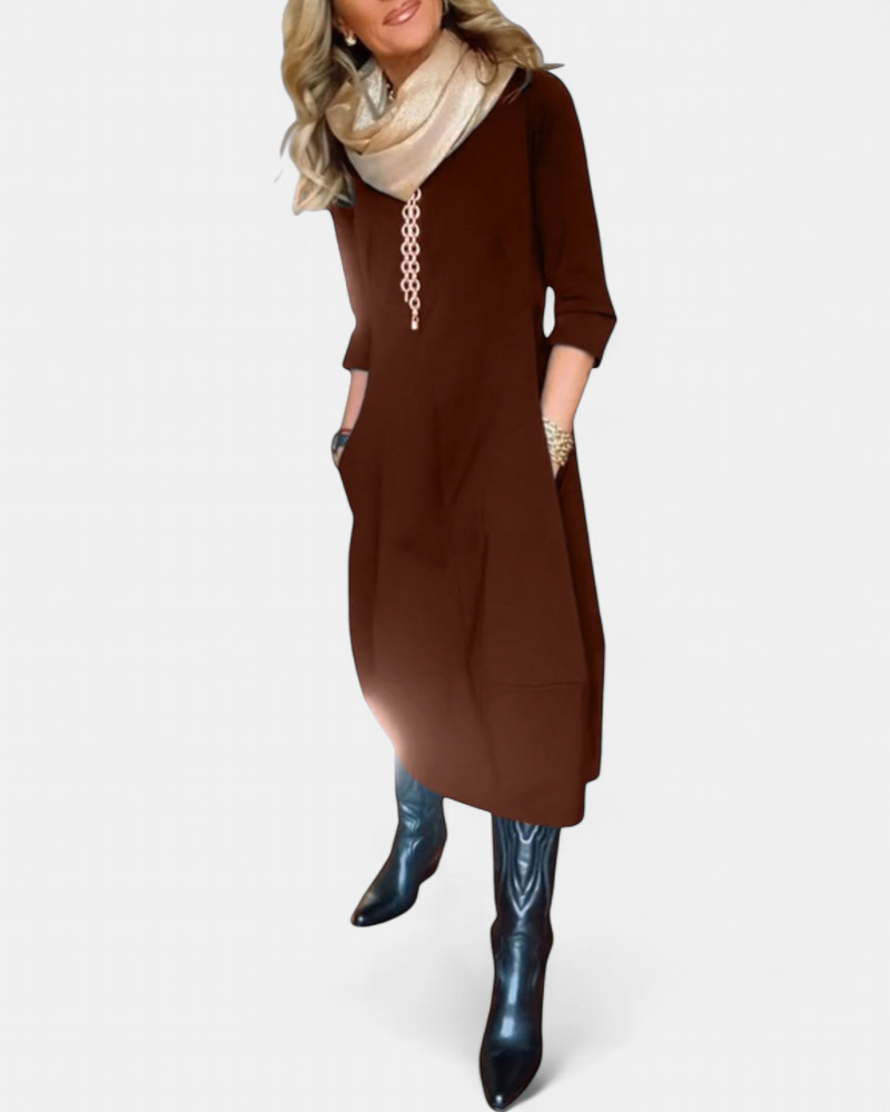 Women's Knit Midi Dress, Crew Neck Three Quarter Sleeves Pockets