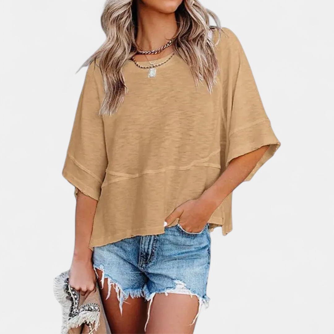 Women's Flowy Short Sleeve Blouse, Oversized Round Neck Side Slits