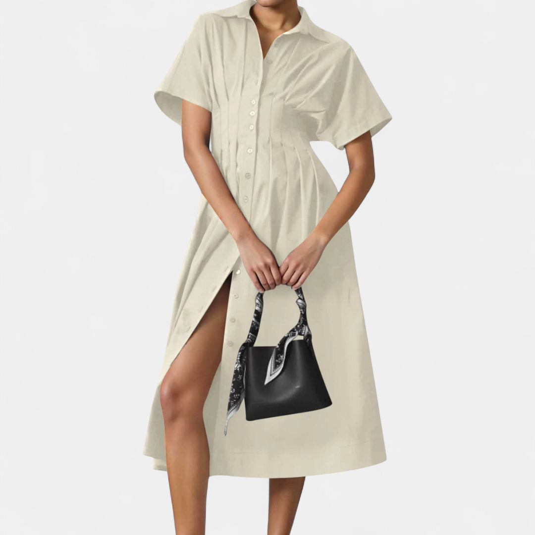 Women's Pleated Shirt Midi Dress, Collared Button Front Side Slit
