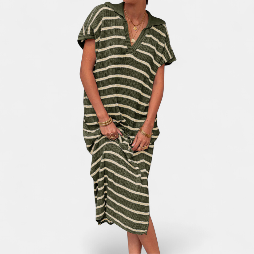 Women's Striped Knit Sweater Dress, V Neck Collar Side Slits