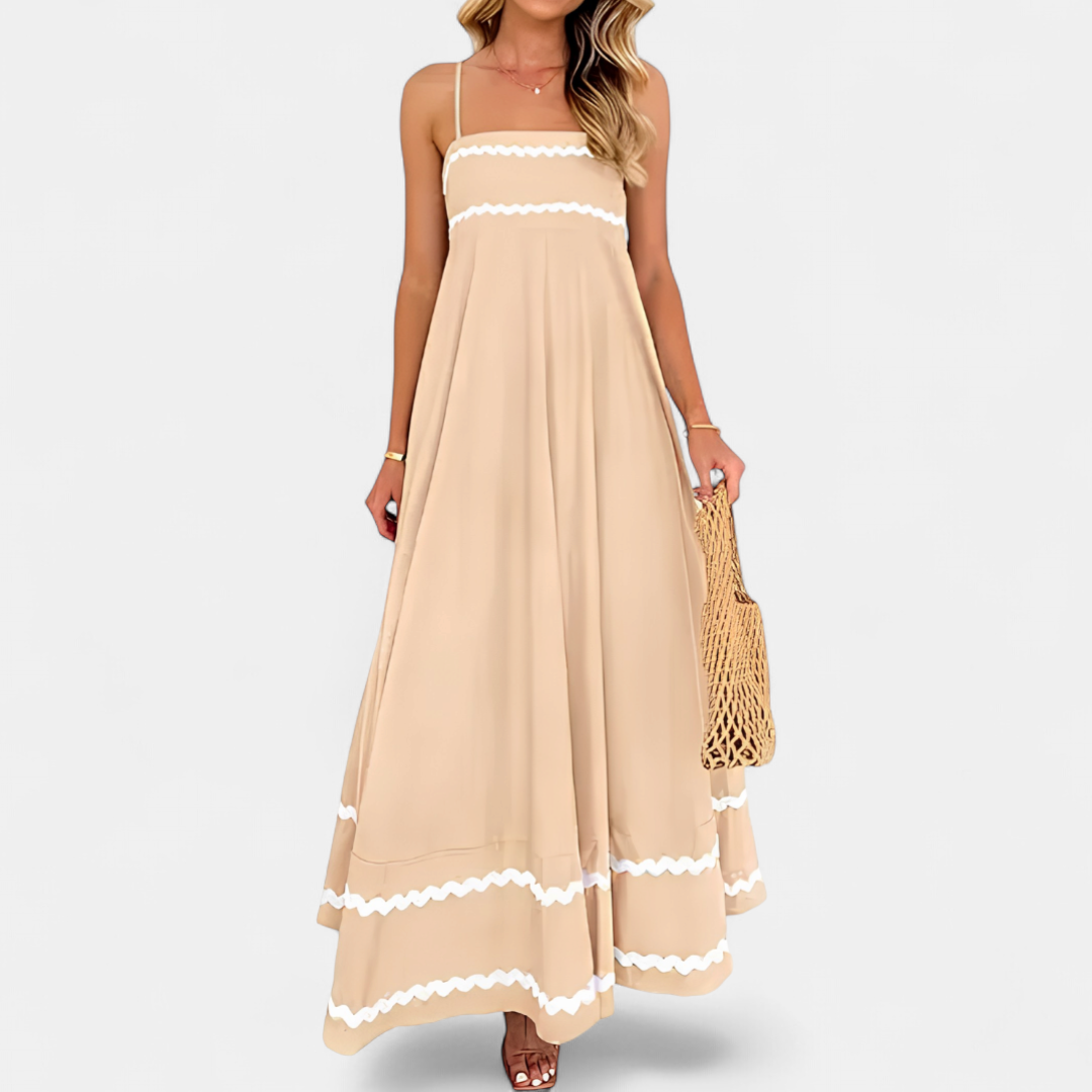 Women's Square Neck Flowy Maxi Dress, Smocked Tiered Ricrac Trim
