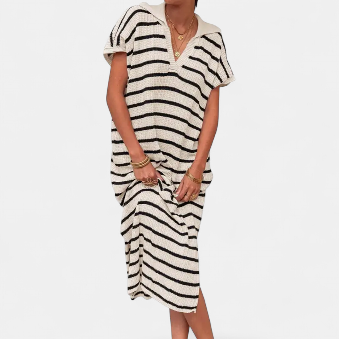 Women's Striped Knit Sweater Dress, V Neck Collar Side Slits