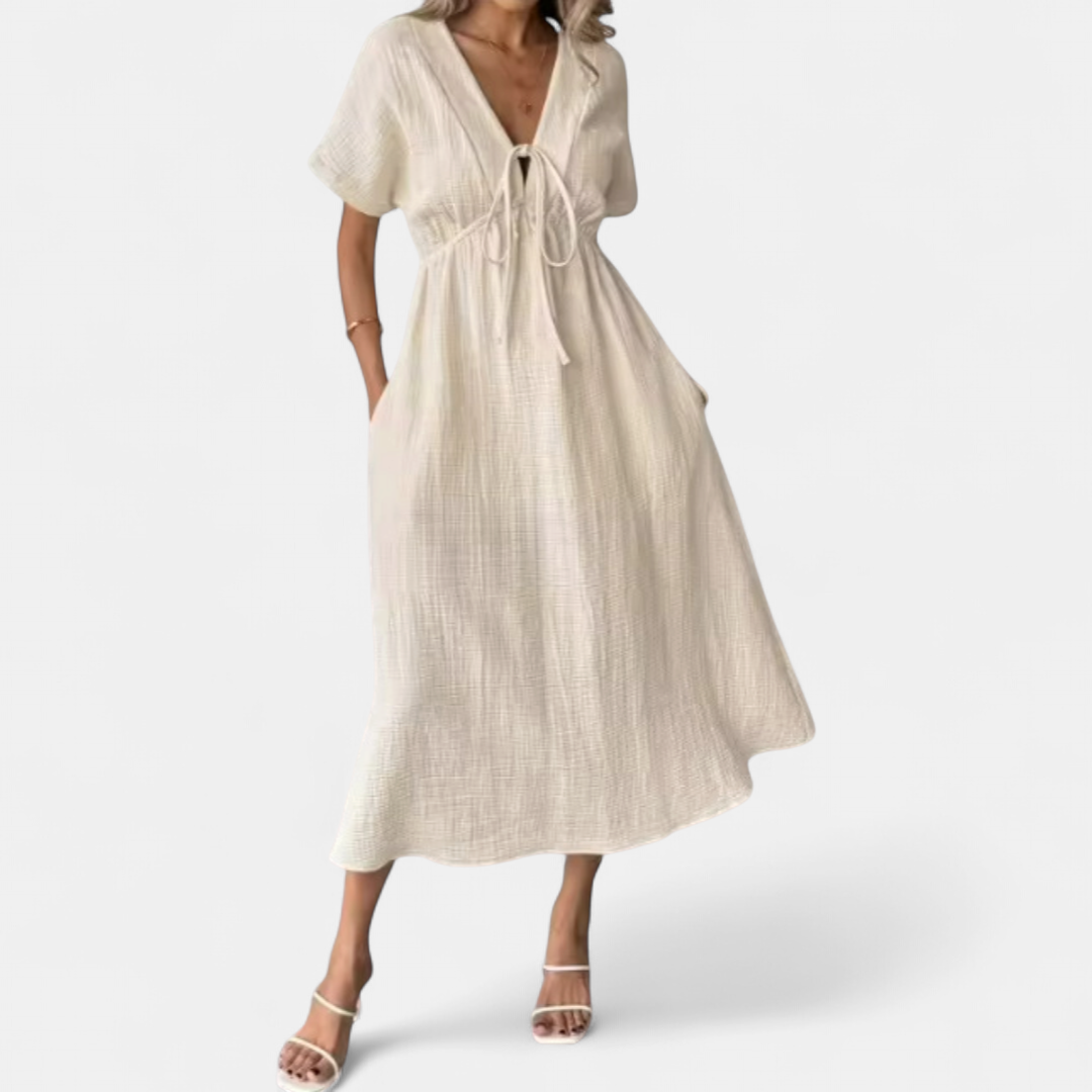 Women's V Neck Short Sleeve Midi Dress, Tie Waist Pockets Textured