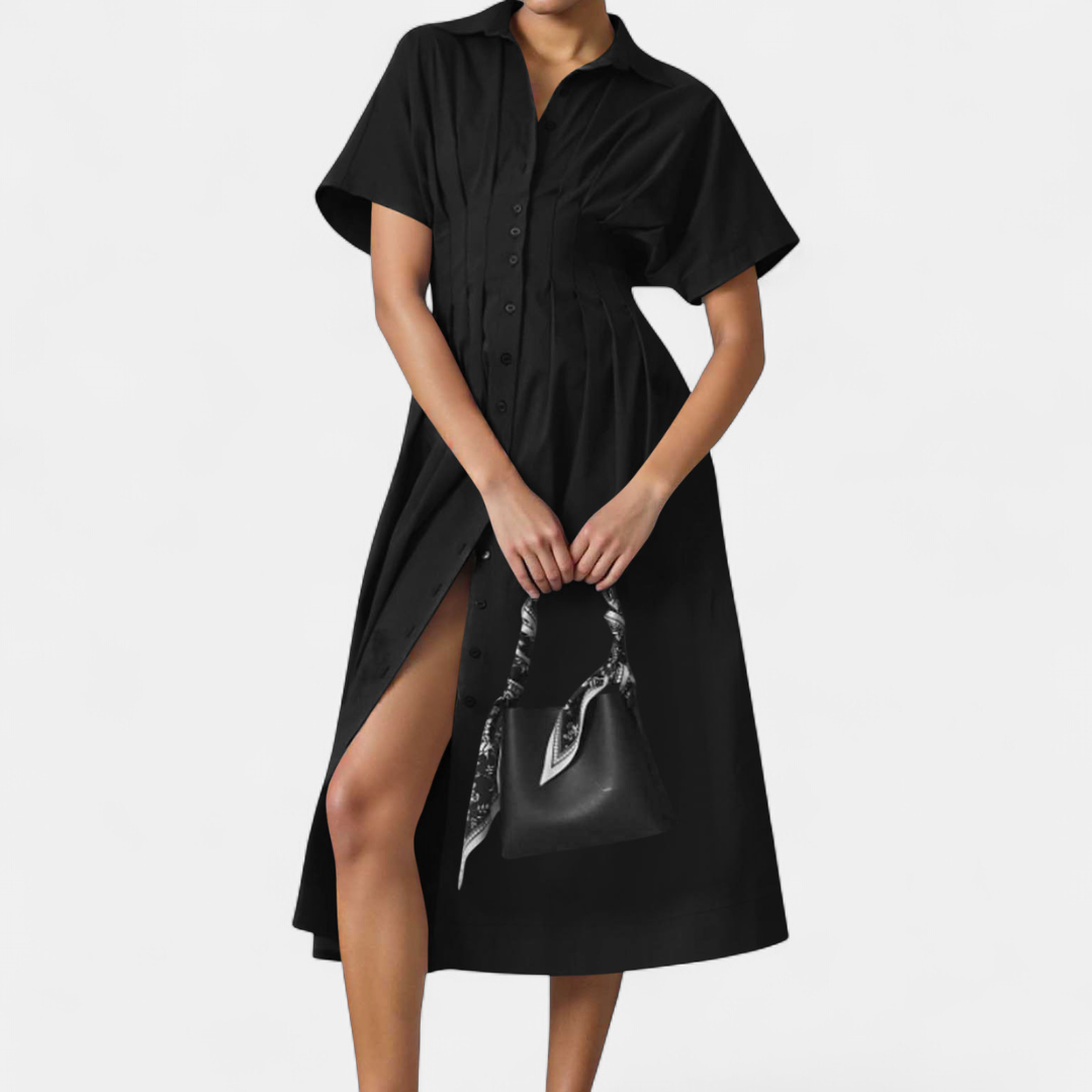 Women's Pleated Shirt Midi Dress, Collared Button Front Side Slit