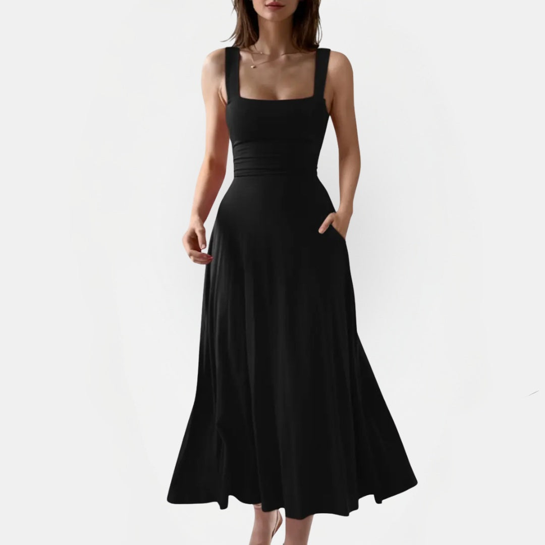 Women's Square Neck Pocket A Line Midi Dress with Back Tie