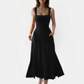 Women's Square Neck A Line Midi Dress, Sleeveless Back Tie Pockets