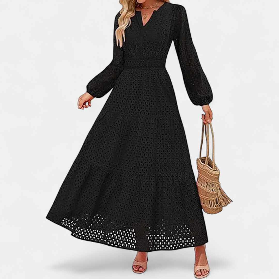 Women's Eyelet Long Sleeve Maxi Dress, V Neck Smocked Waist Tiered