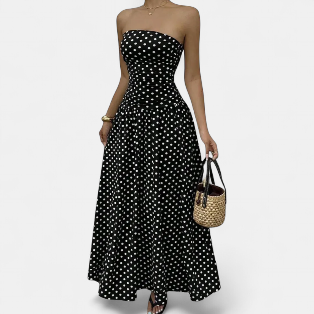 Women's Strapless Polka Dot Maxi Dress, Ruched Fitted Bodice