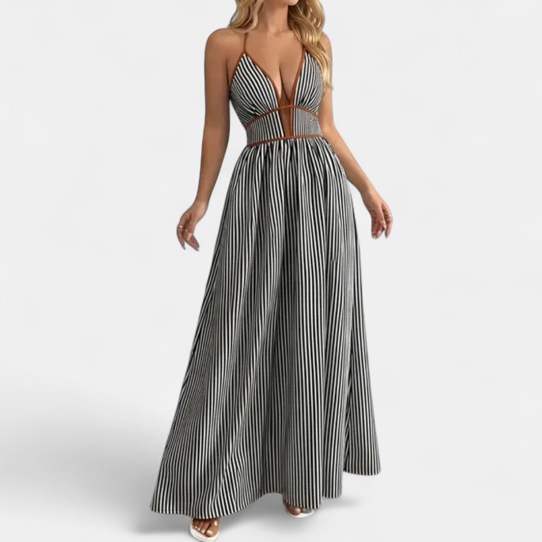 Women's Striped Halter Maxi Dress, Deep V Neck Contrast Trim Waist