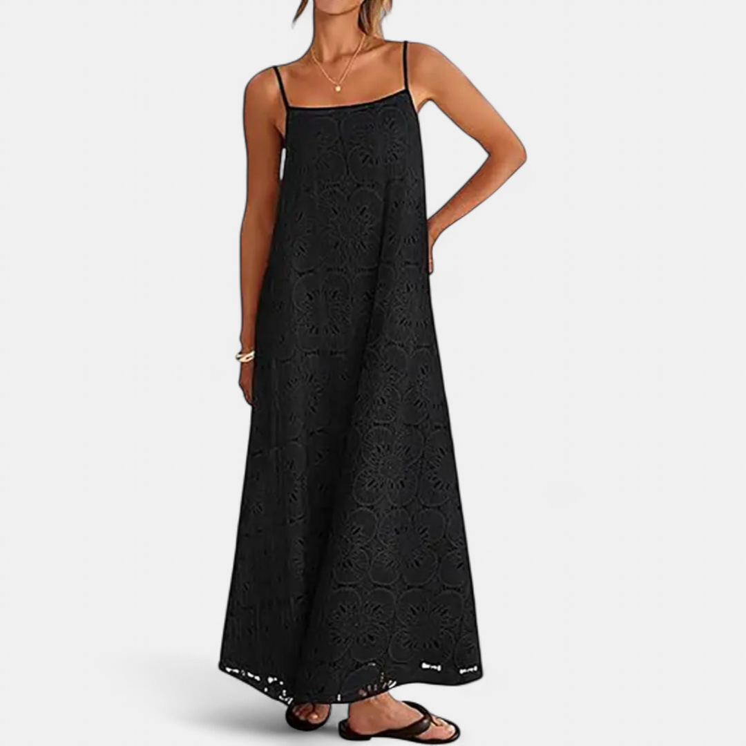 Women's Eyelet Maxi Dress, Floral Cutwork Cami Straps Scalloped Hem