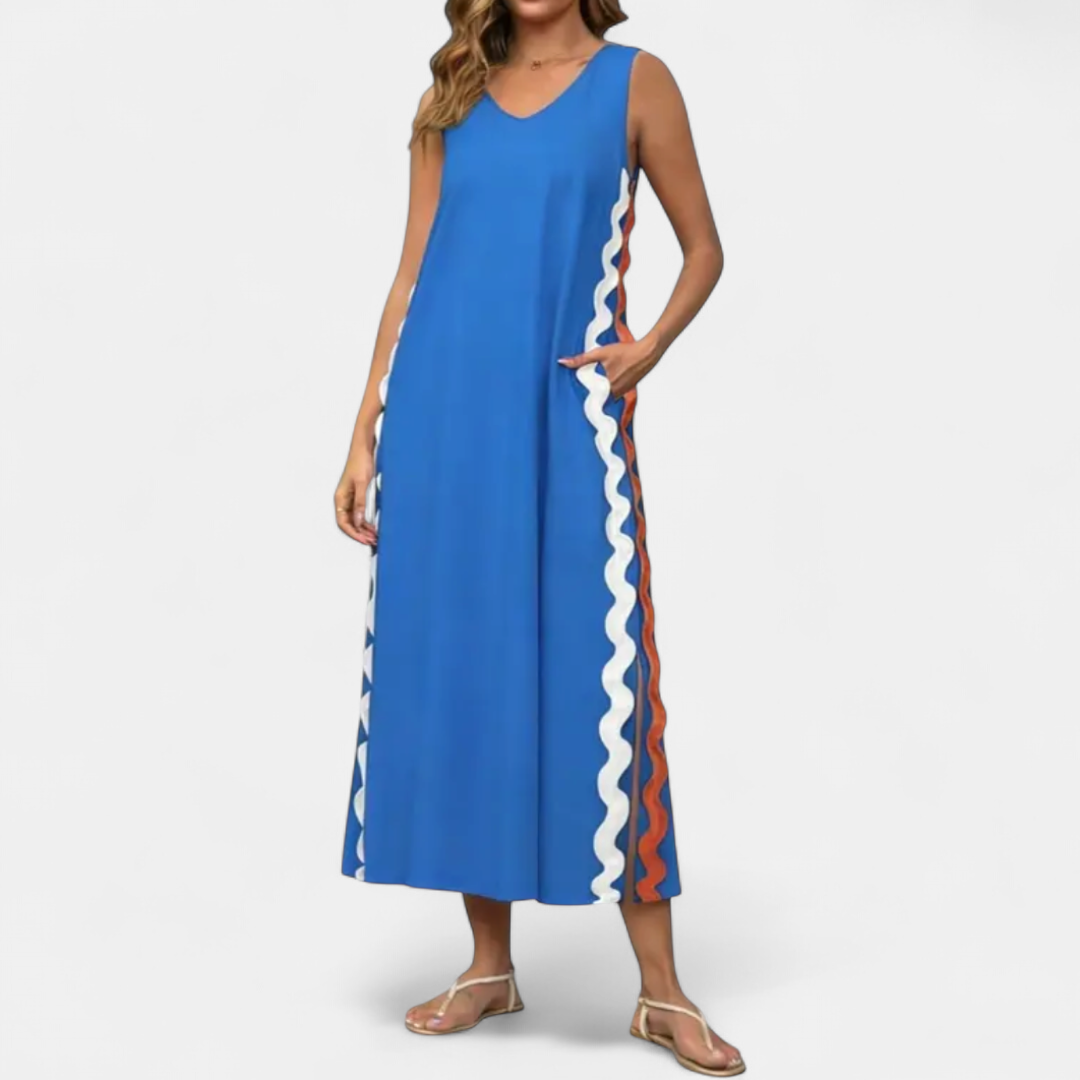 Women's Sleeveless V Neck Maxi Dress, Ricrac Trim Pockets Side Slit