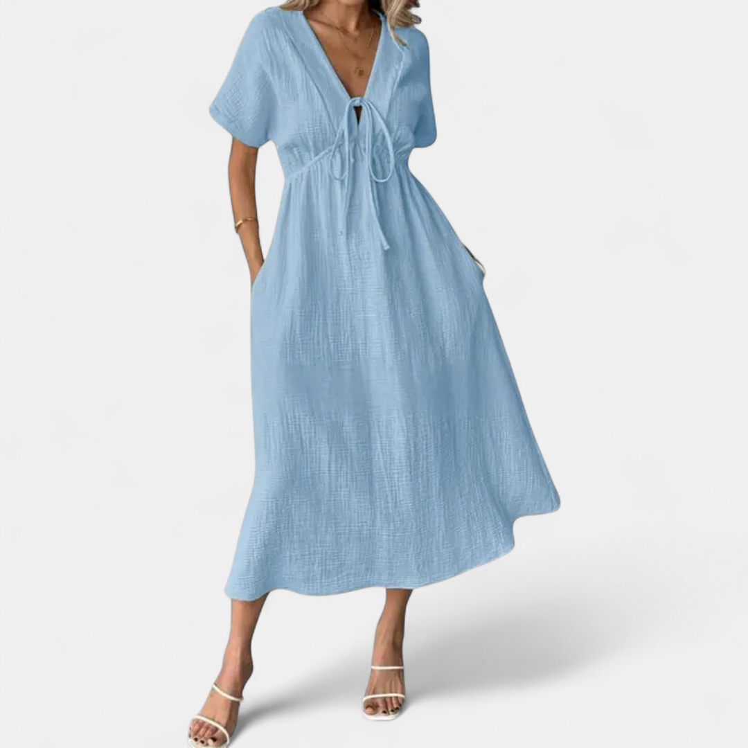 Women's V Neck Short Sleeve Midi Dress, Tie Waist Pockets Textured