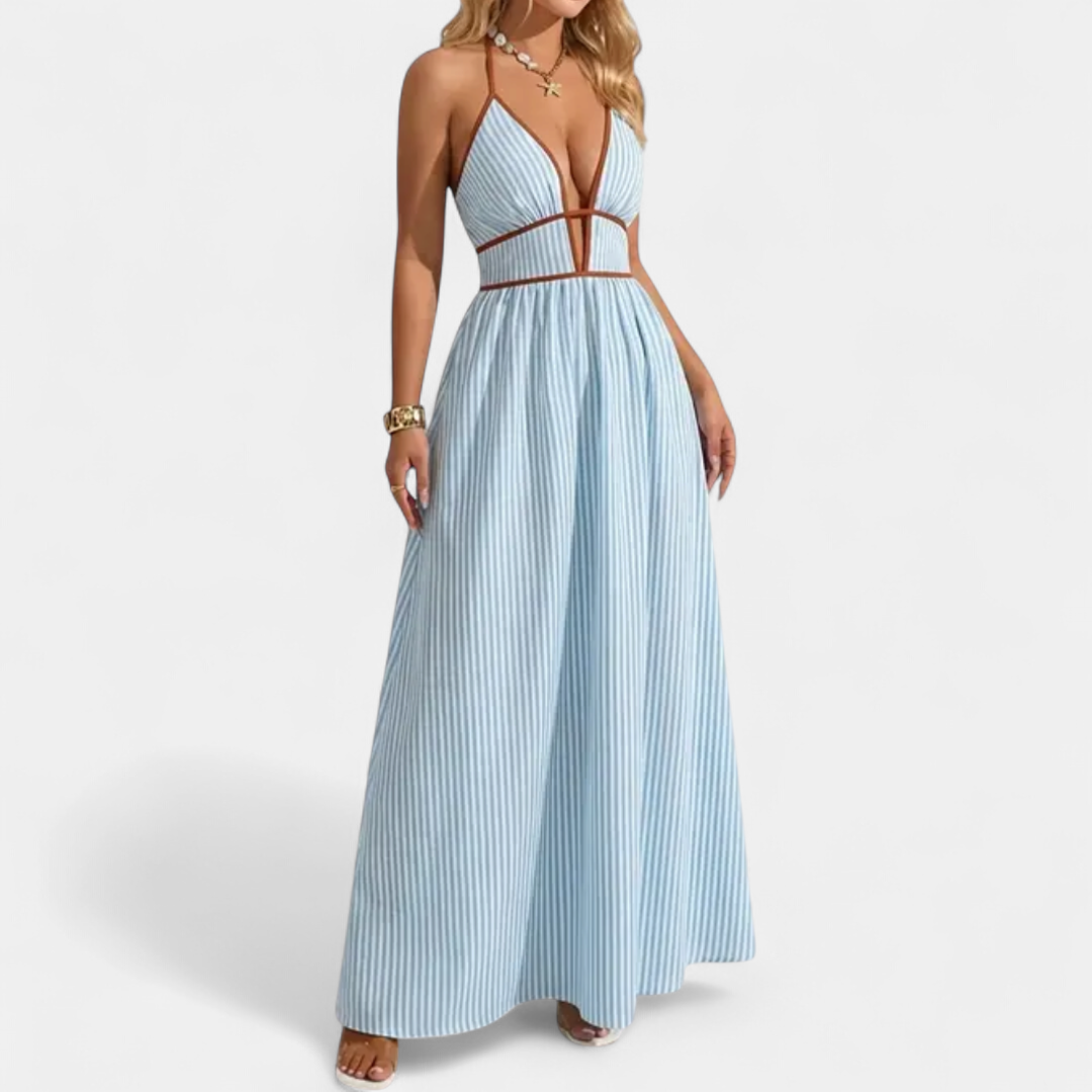 CASPIENNE | Striped V-Neck Halter Maxi Dress
