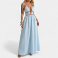 Women's Striped Halter Maxi Dress, Deep V Neck Contrast Trim Waist