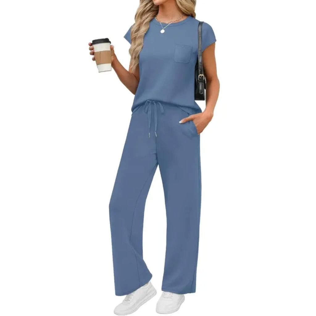 Women's Wide Leg Two Piece Lounge Set, Cap Sleeve Chest Pocket