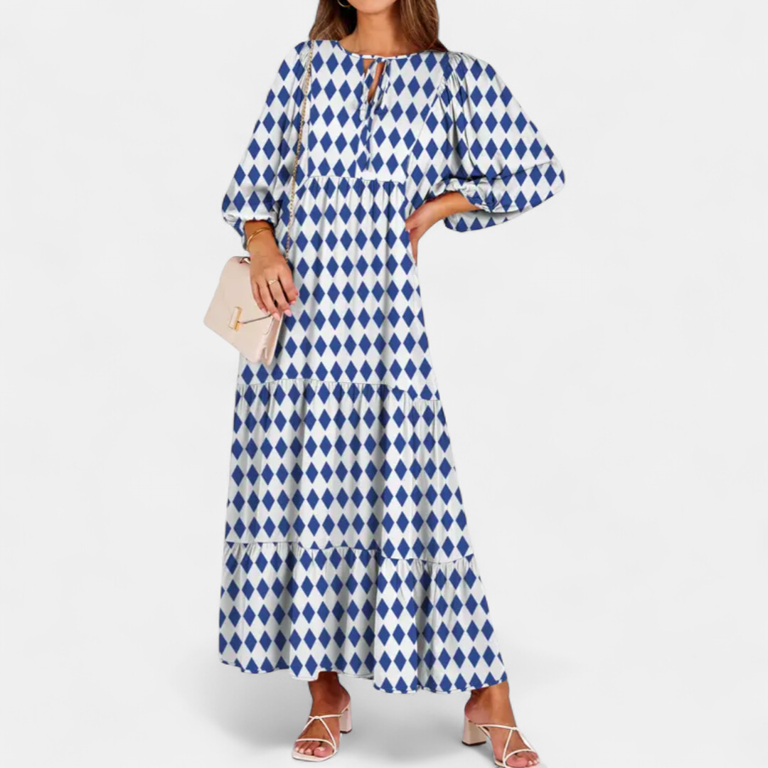 LYRIA | Boho Geometric Puff Sleeve Maxi Dress