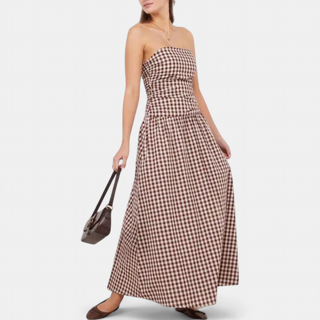 Women's Strapless Gingham Maxi Dress, Ruched Full Skirt Pockets