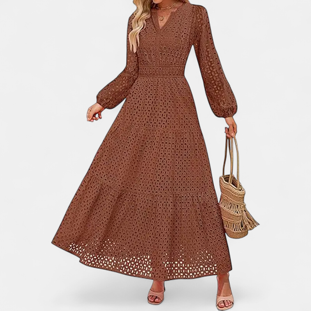 Women's Eyelet Long Sleeve Maxi Dress, V Neck Smocked Waist Tiered