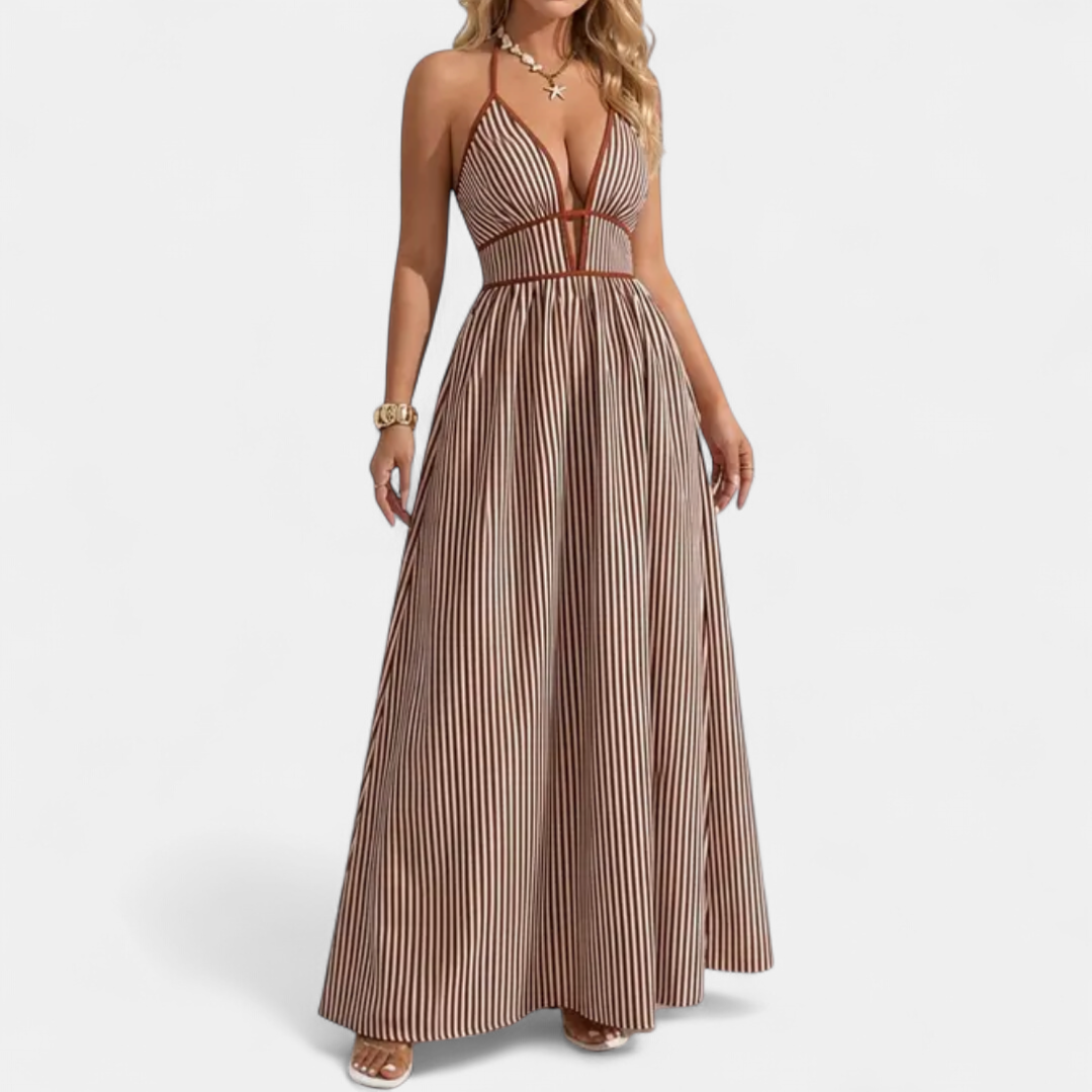 Women's Striped Halter Maxi Dress, Deep V Neck Contrast Trim Waist