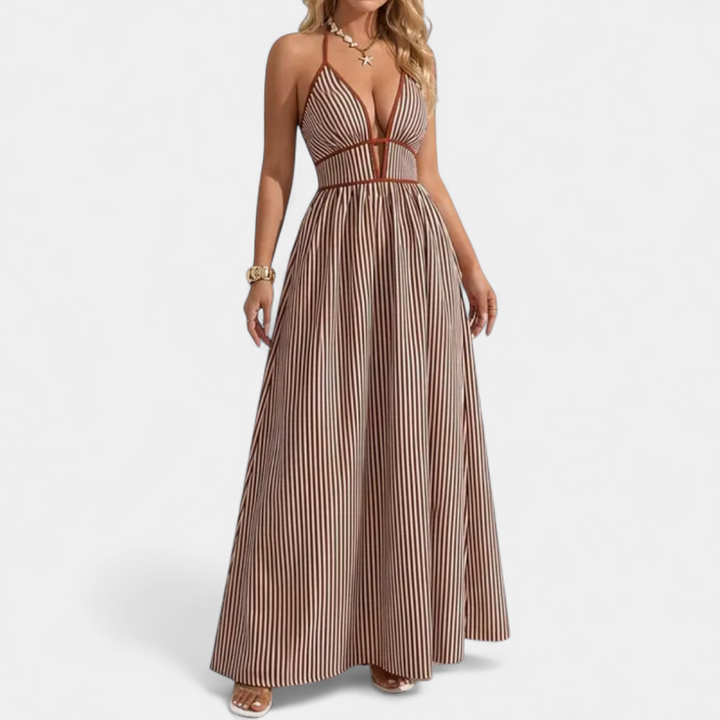 CASPIENNE | Striped V-Neck Halter Maxi Dress