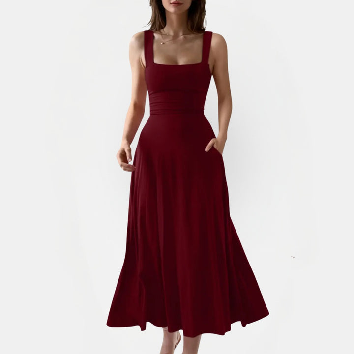 Women's Square Neck Pocket A Line Midi Dress with Back Tie
