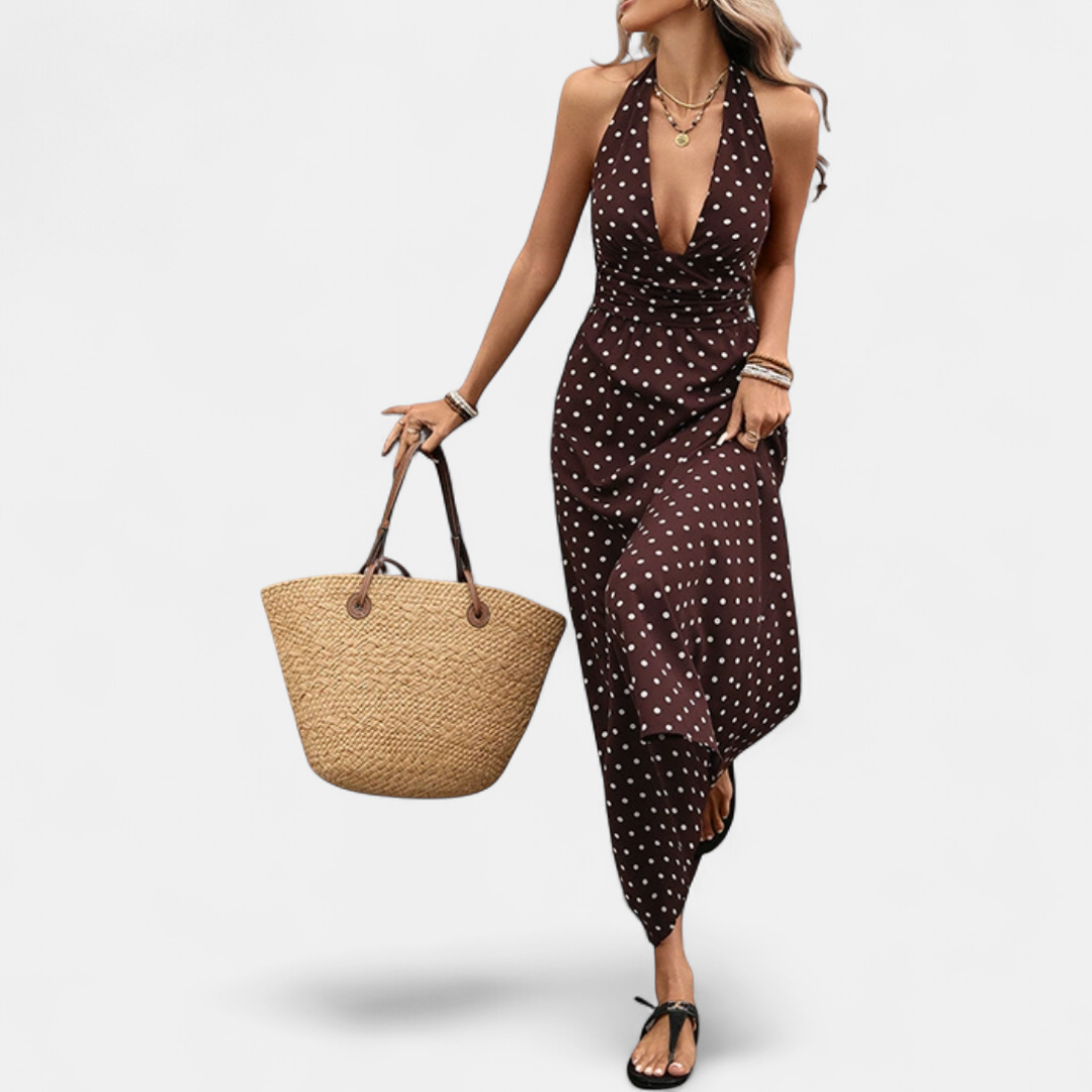 Women's Halter Polka Dot Maxi Dress, Deep V Neck Ruched Backless