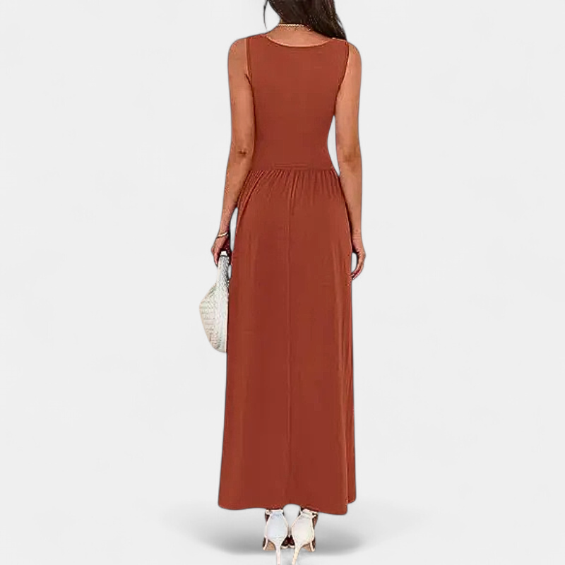 Women's Sleeveless Ruched Maxi Dress, Crew Neck Full Gathered Skirt