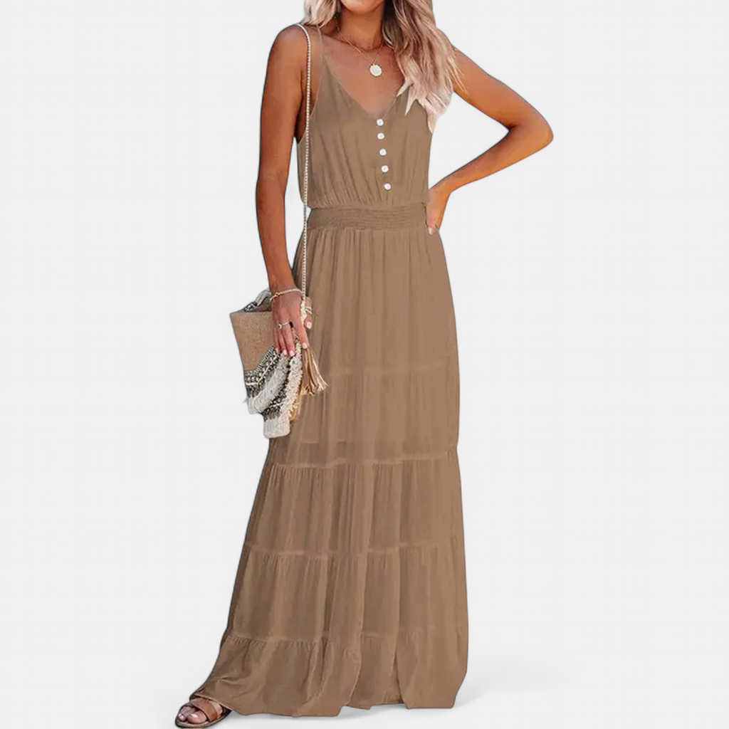 Women's Tiered Boho Maxi Dress, V Neck Spaghetti Straps Pockets